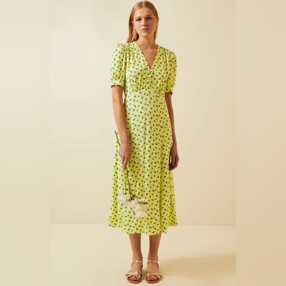 M&S x Ghost Floral Midi Dress Yellow with Blue Hearts Small S Euro 36 UK 8 US 4